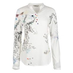 Desigual Bluzka Damska Words Xl Biała. Białe bluzki damskie marki Desigual, xl, z nadrukiem, bez kołnierzyka, bez rękawów. W wyprzedaży za 277,00 zł.
