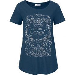 Shirt, krótki rękaw bonprix ciemnoniebieski z nadrukiem. Niebieskie koszulki damskie marki bonprix, z nadrukiem, bez kołnierzyka. Za 54,99 zł.