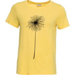 Shirt z nadrukiem bonprix żółty kanarkowy - czarny. Żółte koszulki damskie marki bonprix, z nadrukiem, z okrągłym kołnierzem. Za 69,99 zł.