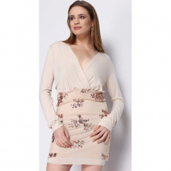 Beżowa Sukienka Partite. Brązowe sukienki balowe Born2be, s, z dzianiny, z długim rękawem, mini. Za 79,99 zł.