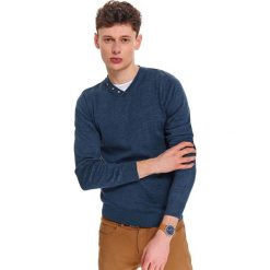 Sweter gładki z kontrastami. Niebieskie swetry męskie Top Secret, na wiosnę, xl, bez wzorów, klasyczne, z dekoltem w serek, bez kaptura. Za 99,99 zł.