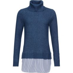 Sweter z golfem i koszulową wstawką bonprix ciemnoniebieski. Niebieskie swetry damskie bonprix, bez wzorów, bez rękawów. Za 99,99 zł.