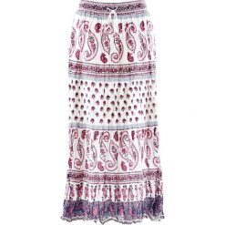 Długa spódnica bonprix biel wełny z nadrukiem. Białe spódniczki damskie bonprix, w paski, z bawełny, długie, maxi. Za 99,99 zł.