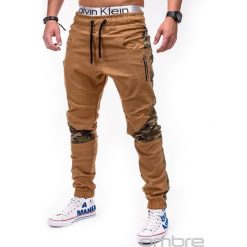 SPODNIE MĘSKIE JOGGERY P387 - RUDE. Brązowe joggery męskie Ombre Clothing, z materiału. Za 79,00 zł.