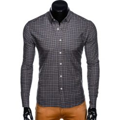 Koszula męska w kratę z długim rękawem K449 - grafitowa. Szare koszule męskie Ombre Clothing, s, bez wzorów, z bawełny, bez kołnierzyka, z długim rękawem. Za 39,00 zł.