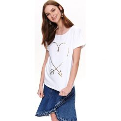 T-shirt damski z nadrukiem. Białe t-shirty damskie Top Secret, z nadrukiem, z bawełny, bez kołnierzyka. Za 49,99 zł.