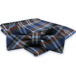 Granatowo-Szara Mucha Męska -ALTIES- z Taką Samą Poszetką, w Kratkę MUALTS0532. Szare muszki męskie Alties, na imprezę, w paski, eleganckie. Za 39,00 zł.