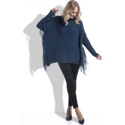 Granatowy Sweter Ponczo z Frędzlami. Niebieskie poncza marki Molly.pl, s, z jeansu. Za 168,90 zł.