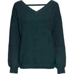 Sweter z głębokim dekoltem w serek bonprix niebieskozielony. Niebieskie swetry damskie bonprix, bez wzorów, bez rękawów, bez kaptura. Za 99,99 zł.