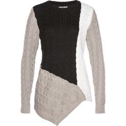 Sweter w warkocze bonprix kamienisto-biel wełny. Szare swetry damskie bonprix, bez wzorów, z wełny, bez rękawów, bez kaptura. Za 109,99 zł.