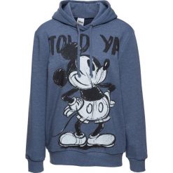 Bluza z kapturem i nadrukiem Myszki Minnie bonprix indygo melanż. Niebieskie bluzy damskie bonprix, z nadrukiem, z dzianiny, bez rękawów, z kapturem. Za 109,99 zł.