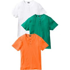 Shirt z dekoltem henley (3 szt.) bonprix pomarańczowy + zielony miętowy + biały. Pomarańczowe koszulki męskie bonprix, s, bez wzorów, bez kołnierzyka, bez rękawów. Za 98,97 zł.