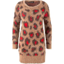 Długi sweter w cętki leoparda bonprix wielbłądzia wełna leo. Pomarańczowe swetry damskie bonprix, bez wzorów, z wełny, z długim rękawem, długie, bez kaptura. Za 99,99 zł.