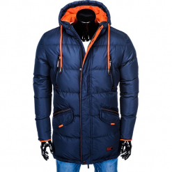 KURTKA MĘSKA ZIMOWA PIKOWANA C383 - GRANATOWA. Niebieskie kurtki męskie pikowane Ombre Clothing, na zimę, m, z poliesteru. Za 119,20 zł.