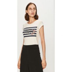 Morgan - T-shirt. Białe bluzki damskie Morgan, s, z aplikacjami, z elastanu, casualowe, z okrągłym kołnierzem. Za 129,90 zł.