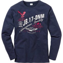 Shirt z długim rękawem bonprix ciemnoniebieski. Niebieskie koszulki męskie bonprix, s, z nadrukiem, bez kołnierzyka, z długim rękawem, długie. Za 44,99 zł.