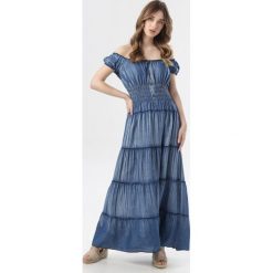 Niebieska Sukienka Celamis. Niebieskie sukienki damskie Born2be, xl, bez wzorów, bez kołnierzyka, bez rękawów, maxi. W wyprzedaży za 89,99 zł.