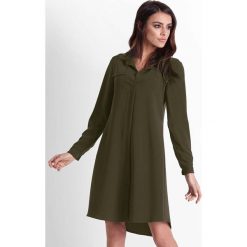 Khaki Rozkloszowana Sukienka Koszulowa z Paskiem. Brązowe sukienki damskie marki Molly.pl, na co dzień, s, bez wzorów, z tkaniny, eleganckie, z asymetrycznym kołnierzem, bez rękawów, długie, asymetryczne. W wyprzedaży za 179,01 zł.