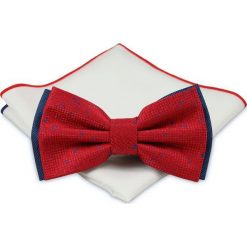 Czerwono-Granatowa Mucha z Białą Poszetką -CHATTIER- Męska, Dwukolorowa MUCH0450. Czerwone muszki męskie Chattier, na imprezę, w paski, eleganckie. Za 44,00 zł.