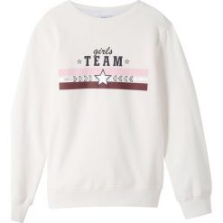 Bluza dresowa bonprix biel wełny. Białe bluzy dziewczęce bonprix, z nadrukiem, z wełny, bez rękawów, bez kaptura. Za 44,99 zł.