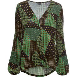 Shirt z założeniem kopertowym bonprix czarno-żółto-zielony wzorzysty. Czarne koszulki damskie marki bonprix, bez wzorów, bez kołnierzyka, bez rękawów. Za 69,99 zł.