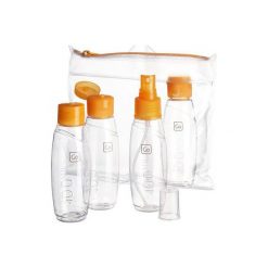 Zestaw 4 butelek kabinowych 100 ml z homologacją Go Travel. Szare plecaki męskie marki DESIGN GO, bez wzorów. Za 29,99 zł.