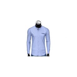 KOSZULA MĘSKA Z DŁUGIM RĘKAWEM K360 - BŁĘKITNA. Niebieskie koszule męskie na spinki Ombre Clothing, m, z bawełny, z kontrastowym kołnierzykiem, z długim rękawem. Za 49,00 zł.