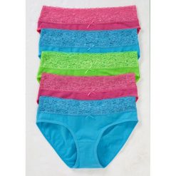Figi z koronką (5 par) bonprix turkusowy + różowy + zielony. Niebieskie majtki damskie bonprix, z koronki. Za 49,95 zł.