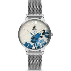 Zegarek kwarcowy w kolorze niebiesko-srebrno-białym. Szare, analogowe zegarki damskie Beverly Hills Polo Club, metalowe. W wyprzedaży za 259,95 zł.