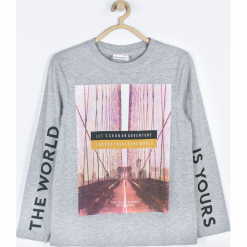 Koszulka. Szare t-shirty chłopięce z długim rękawem marki TRAVELLER, z aplikacjami, z bawełny. Za 19,90 zł.