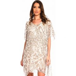 Jedwabna sukienka w kolorze beżowym. Brązowe sukienki damskie Silk Premium, s, bez wzorów, z jedwabiu, z okrągłym kołnierzem, bez rękawów, midi, asymetryczne. W wyprzedaży za 171,95 zł.