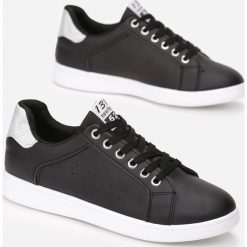 Czarno-Srebrne Trampki Folmar. Czarne buty sportowe damskie Born2be, z napisami, z jeansu, na sznurówki. Za 79,99 zł.