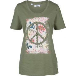 T-shirt z cekinami bonprix oliwkowy z nadrukiem. Zielone koszulki damskie bonprix, z nadrukiem, bez kołnierzyka, bez rękawów. Za 37,99 zł.