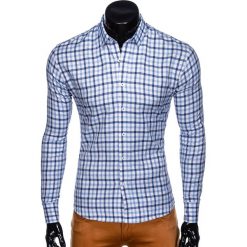 KOSZULA MĘSKA W KRATĘ Z DŁUGIM RĘKAWEM K444 - BIAŁA/NIEBIESKA. Niebieskie koszule męskie Ombre Clothing, m, bez wzorów, z bawełny, bez kołnierzyka, z długim rękawem. Za 39,00 zł.