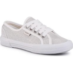 Tenisówki PEPE JEANS - Aberlady PLS30950 White 800. Szare półbuty damskie Pepe Jeans, na co dzień, bez wzorów, z jeansu, bez obcasa, na płaskiej podeszwie, bez zapięcia. W wyprzedaży za 169,00 zł.