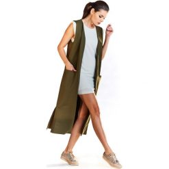 Kamizelka damska długa khaki - s/m. Brązowe kamizelki damskie e-margeritka.pl, s, bez wzorów, z bawełny, biznesowe, długie, bez kaptura. Za 139,99 zł.