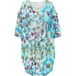 Shirt plażowy bonprix turkusowo-niebiesko-różowy z nadrukiem. Niebieskie sukienki damskie bonprix, na plażę, z nadrukiem, bez kołnierzyka, z krótkim rękawem, krótkie, mini. Za 89,99 zł.