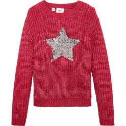 Sweter dzianinowy z odwracanymi cekinami bonprix ciemnoczerwony. Czerwone swetry dziewczęce marki bonprix, z aplikacjami, z dzianiny, z okrągłym kołnierzem, bez rękawów, długie, bez kaptura. Za 37,99 zł.