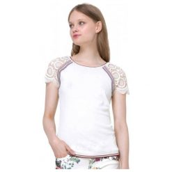 T-shirty damskie: Desigual T-Shirt Damski Lace Sleeve T_Shirt L Kremowy