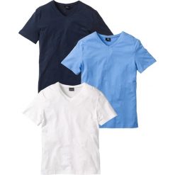 T-shirty męskie: T-shirt z dekoltem w serek (3 szt.) Regular Fit bonprix niebieski + biały + ciemnoniebieski