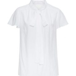 Bluzka z krawatką, krótki rękaw bonprix biel wełny. Białe bluzki damskie bonprix, bez wzorów, z wełny, eleganckie, bez kołnierzyka, z krótkim rękawem. Za 74,99 zł.