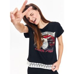 T-shirt damski z nadrukiem i koronkowym wykończeniem. Czarne t-shirty damskie TROLL, xs, z nadrukiem, z koronki, bez kołnierzyka. W wyprzedaży za 29,99 zł.