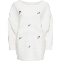 Swetry oversize damskie: Sweter z kwiatowym haftem bonprix biel wełny