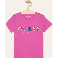 Guess Jeans - T-shirt dziecięcy 118-175 cm. Białe bluzki dziewczęce z nadrukiem, z elastanu, z okrągłym kołnierzem, krótkie. Za 89,90 zł.
