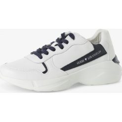 Guess Jeans - Męskie tenisówki ze skóry, biały. Białe trampki męskie Guess Jeans, z aplikacjami, z jeansu, bez zapięcia. Za 479,95 zł.