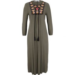 Sukienka z kolekcji Maite Kelly bonprix ciemnooliwkowy. Zielone sukienki damskie bonprix, bez wzorów, bez kołnierzyka, bez rękawów. Za 109,99 zł.