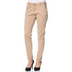 Spodnie chino w kolorze beżowym. Brązowe chinosy damskie Tom Tailor, z aplikacjami, ze skóry ekologicznej. W wyprzedaży za 129,95 zł.