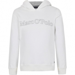 Bluza w kolorze białym. Białe bluzy dziewczęce z nadrukiem marki Marc O'Polo Junior, z okrągłym kołnierzem, z długim rękawem. W wyprzedaży za 105,95 zł.