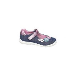 Granatowe baleriny dziewczęce Cupcake Couture ozdobione kwiatkami. Niebieskie baleriny dziewczęce w kwiaty, z materiału, bez obcasa. Za 79,90 zł.