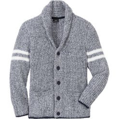 Sweter rozpinany z szalowym kołnierzem Regular Fit bonprix ciemnoniebiesko-biel wełny melanż. Niebieskie kardigany męskie bonprix, xl, bez wzorów, z wełny. Za 99,99 zł.